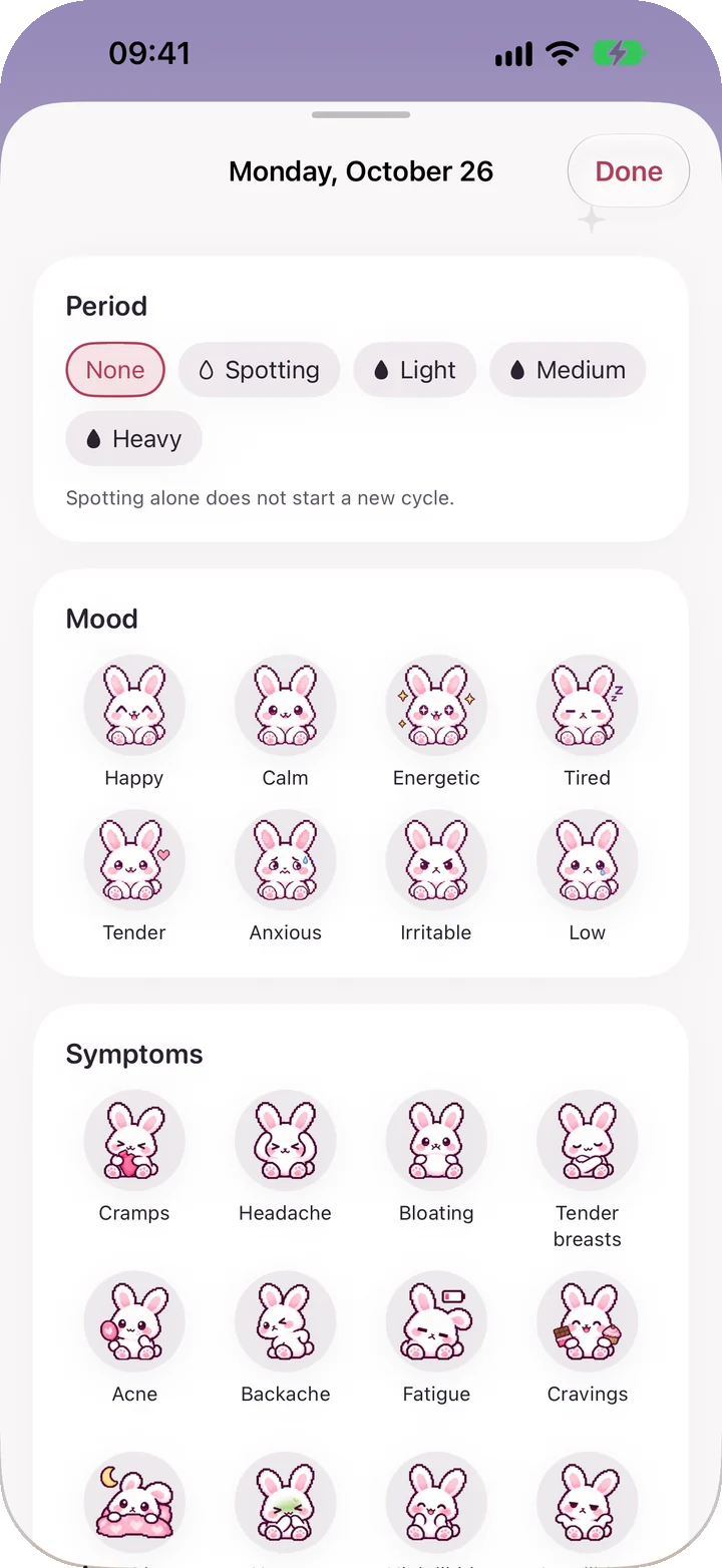 Lulu app: Log in a tap. Moods and symptoms, drawn as Lulu.